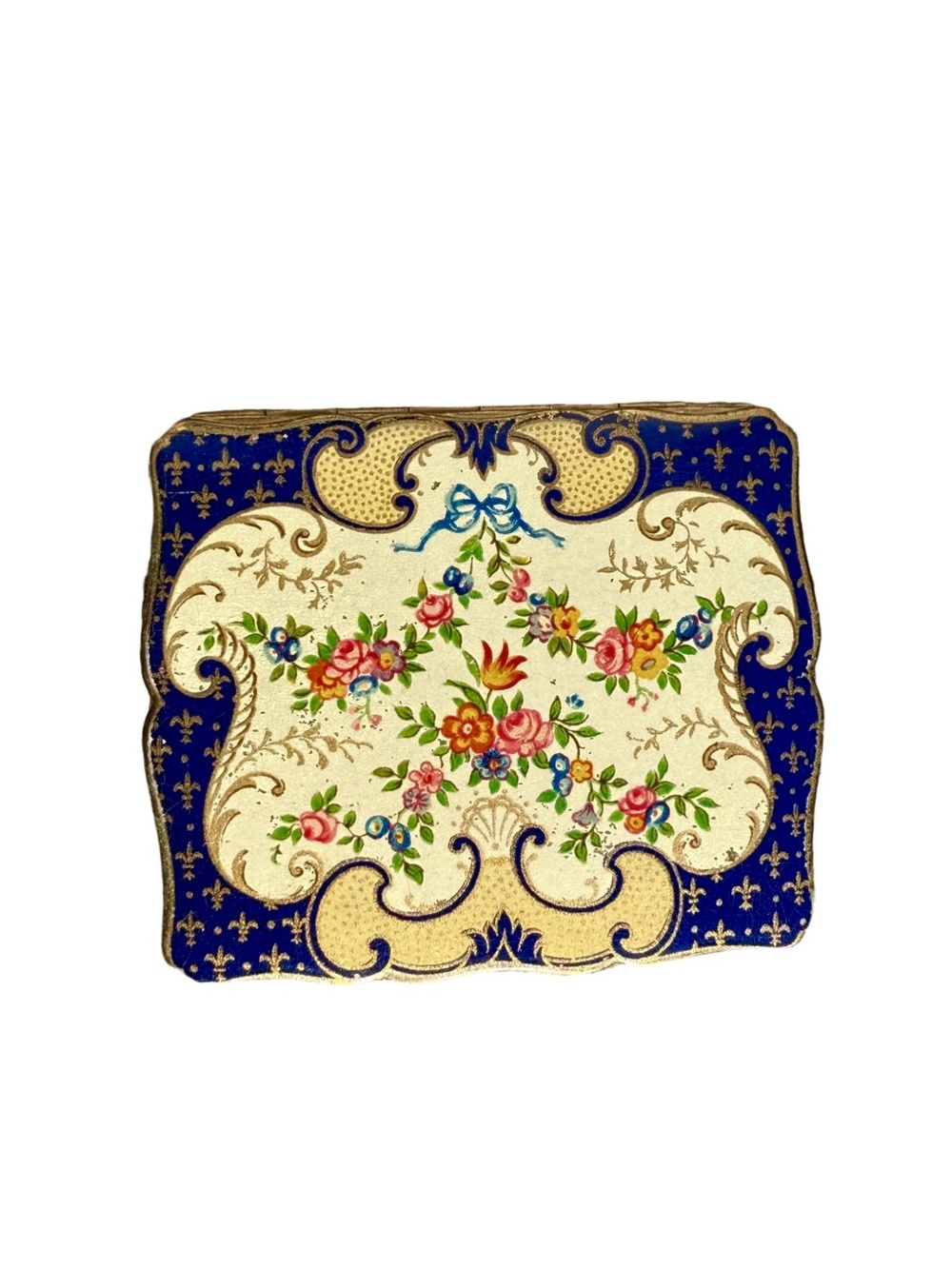 Vintage Mid Century Stratton Cobalt Floral Fleur De Lis Scalloped Compact